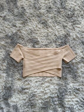 aerie Beige Off-Shoulder Ribbed Wrap Crop Top